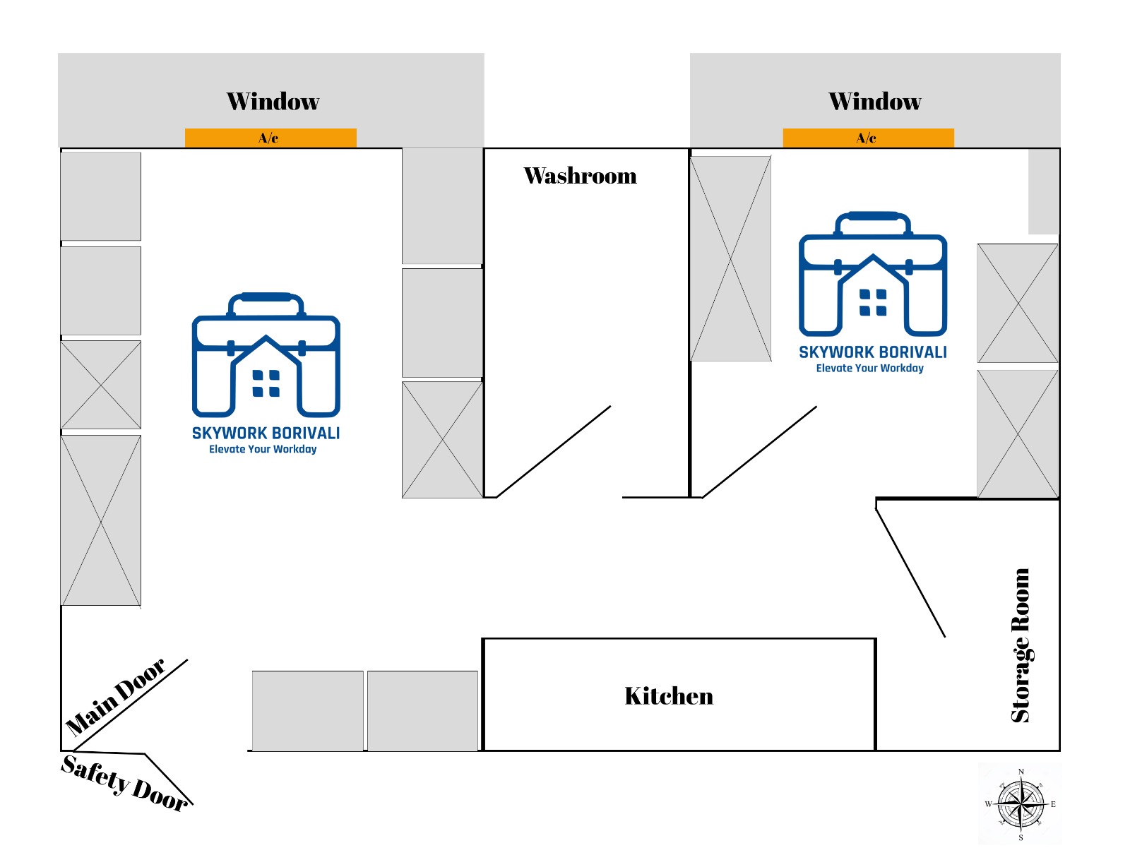 SkyWork Borivali floor plan showing two workspace setups, kitchen, washroom and storage room